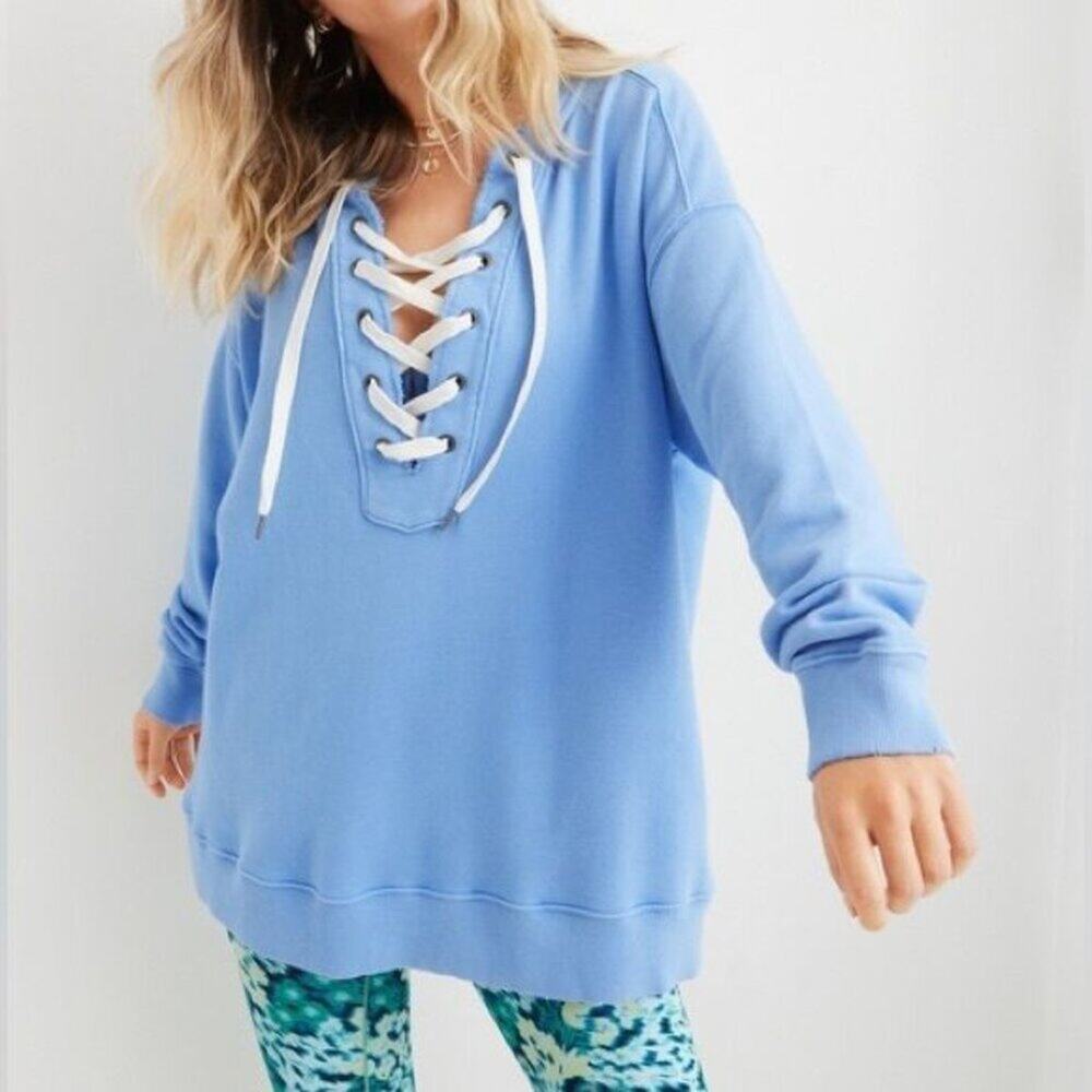 Aerie Women's Lace Up Oversized Distressed Sweatshirt in Blue White - Picture 1 of 8